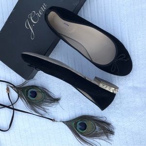 J, Crew Black Italian leather, velvet, gold heel ballet flat size 7